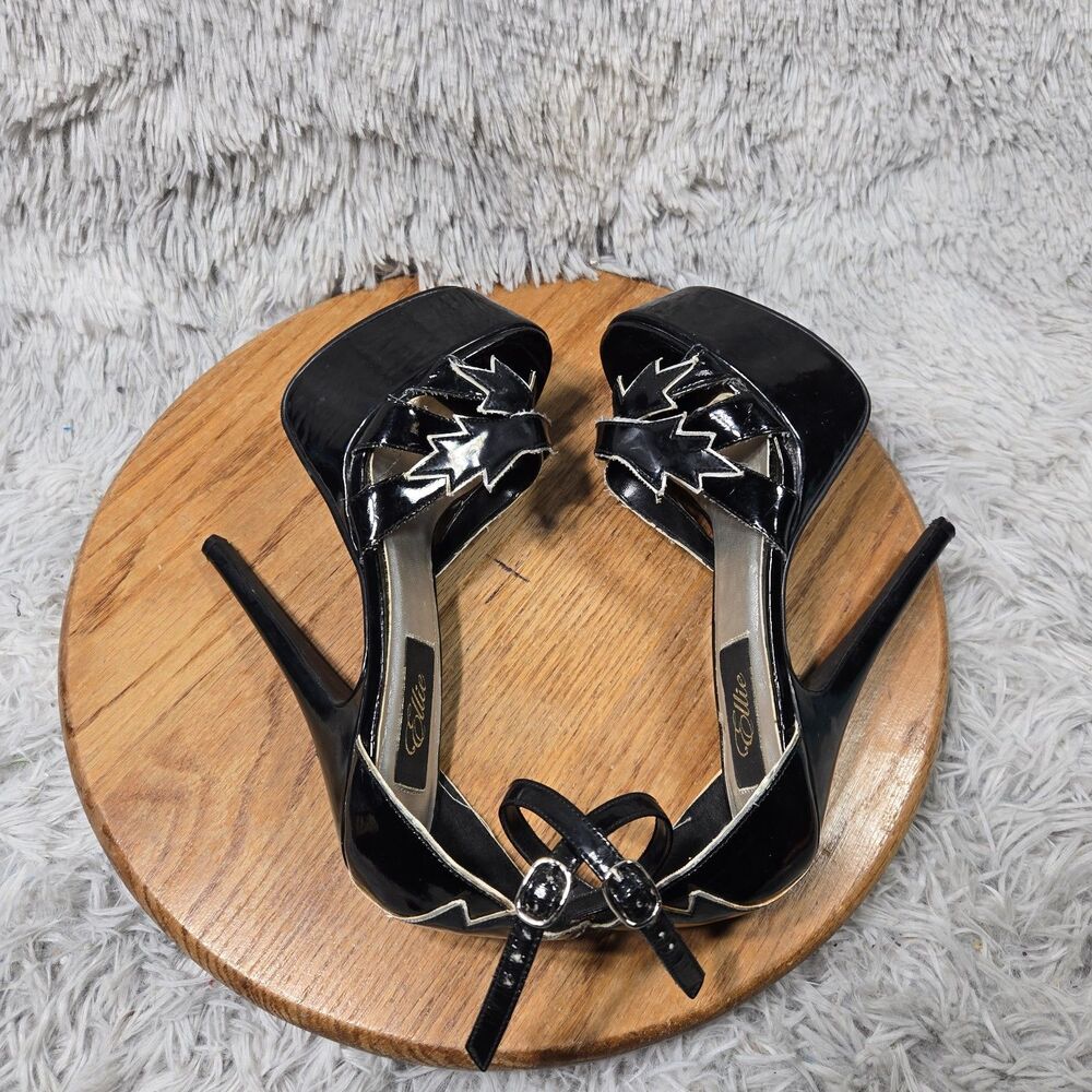 Ellie Womens Sz 7 Y2K Style Black Patent 6.25" High Heels Strappy Platform Pumps - Picture 4 of 10